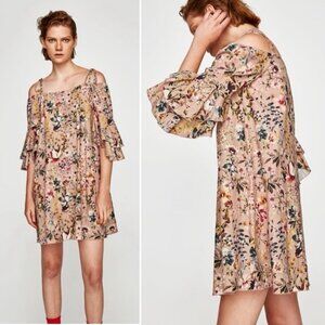 Zara floral ruffle flare sleeve cold shoulder tie mini shift dress XS